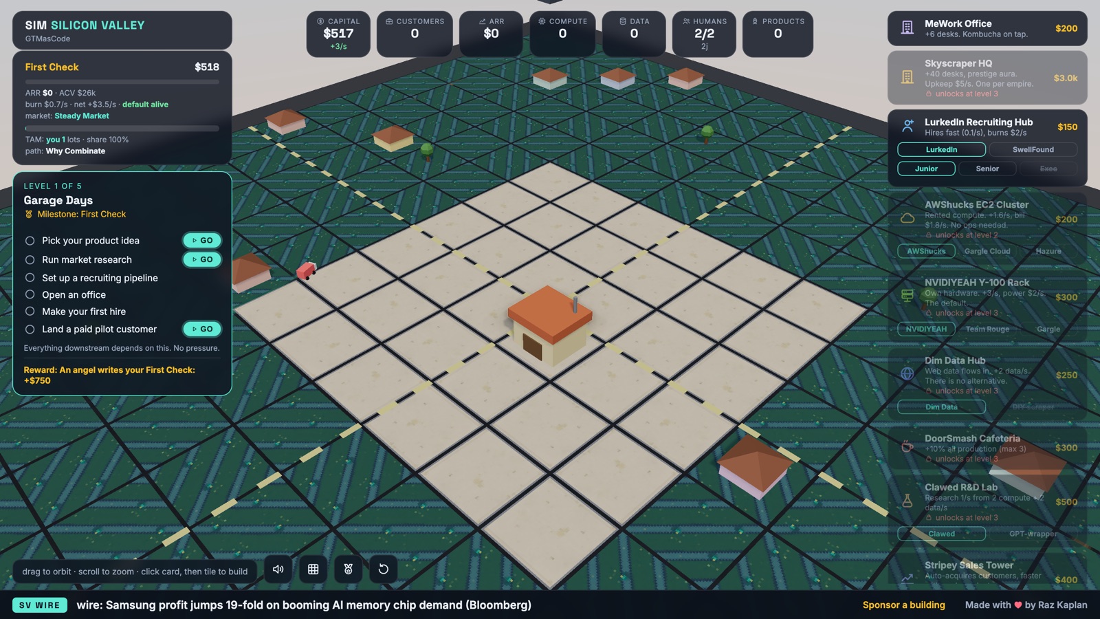 Sim-SiliconValley gameplay: the garage on an isometric grid, a Garage Days task checklist, and a vendor palette